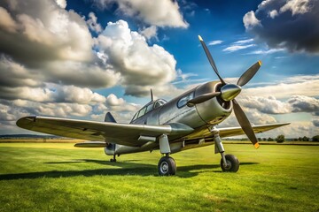 Vintage World War II fighter aircraft, olive drab and silver, rests on a grassy airfield, propeller still, majestic