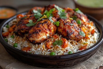 Fototapeta premium Deliciously prepared spicy chicken biryani bursting with flavors served on a bed of aromatic rice in a cozy Indian setting