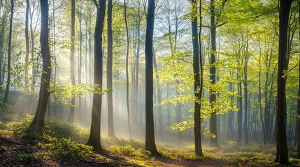 Obraz premium Panoramic view of a sunny natural oak and beech forest in spring, with the first green leaves and morning mist enhancing the serene landscape.