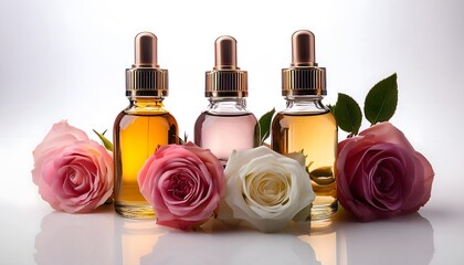 Bottles of aroma oil surrounded by fresh roses on a white background