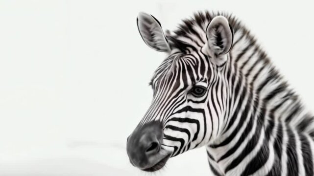 Close-up of a young zebra in a serene natural setting showcasing its striking black and white stripes in vibrant detail