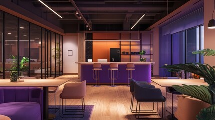 Purple-themed office coworking space with modern amenities and a welcoming ambiance.
