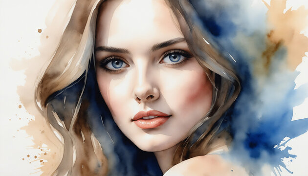 Portrait femme brune yeux bleus belle visage aquarelle pastel doux.