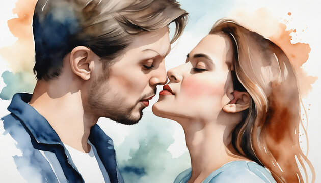 Couple aquarelle amoureux d&eacute;claration mariage baiser embrasser amour.