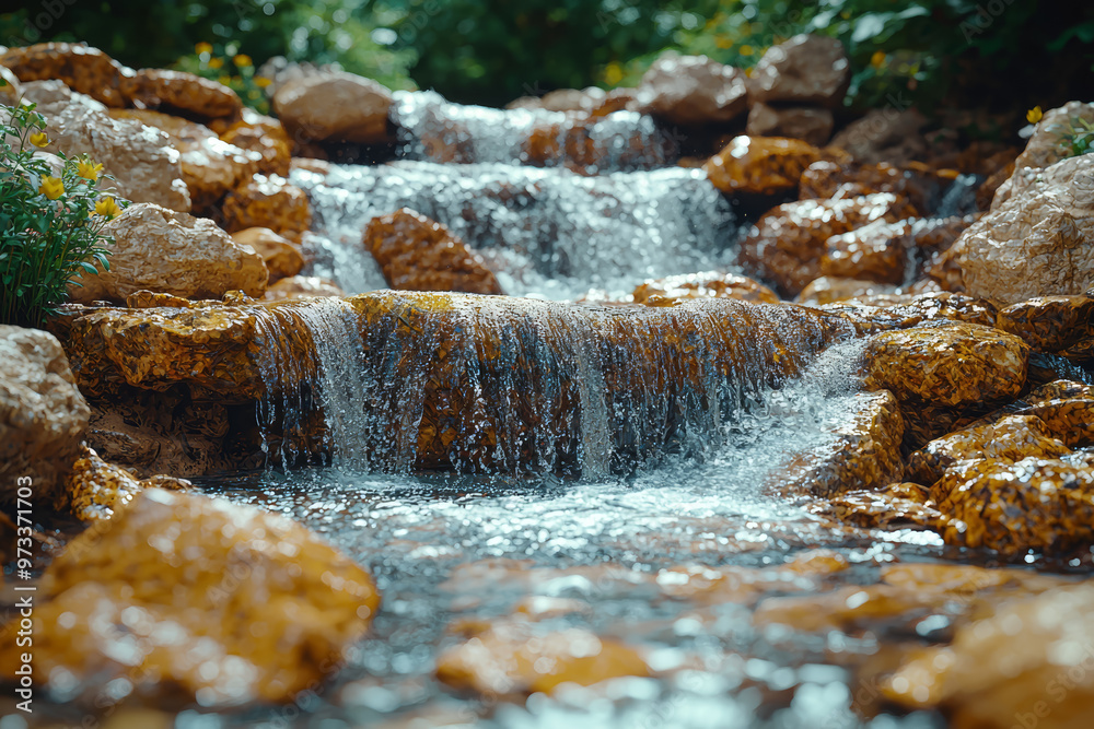 Sticker A calm river flowing smoothly over rocks, creating a rhythmic, natural soundscape. Concept of nature's flow and tranquility.