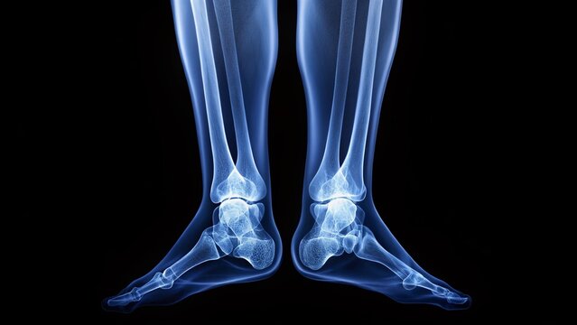 X-ray image of a bowed leg with genu varum deformity, showcasing abnormal curvature of the tibia and fibula bones, causing knee misalignment.