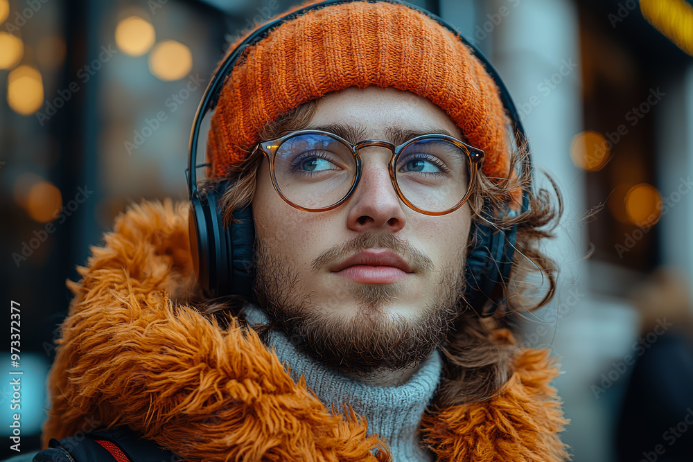 Canvas Prints A young person listening to a podcast while walking in the city, showing the generation's affinity for on-the-go learning. Concept of portable education and modern media.