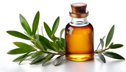 Fresh tea tree branch with essential oil bottle, isolated on a white background