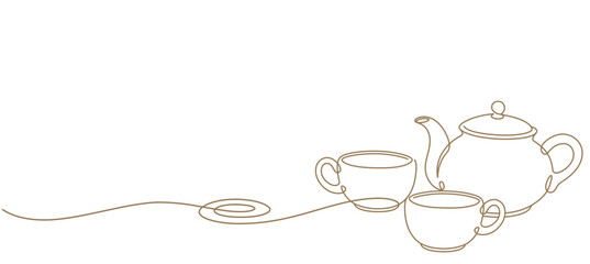 teapot and cup line art vector illustration. vintage drinks background decoration