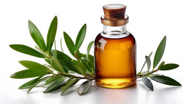 Fresh tea tree branch with essential oil bottle, isolated on a white background