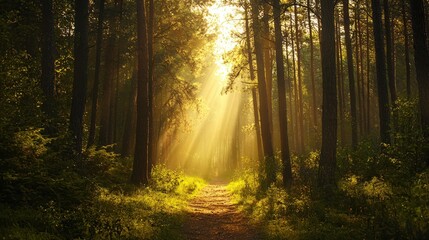 Obraz premium Sunlight pierces the canopy of tall trees, casting light on a tranquil woodland trail.
