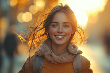 A person running through a city with a smile, their pace energized by a sense of purpose and hope. Concept of dynamic optimism and urban energy.