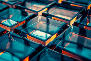 Abstract geometric composition of transparent glass blocks with blue and orange lighting, creating...