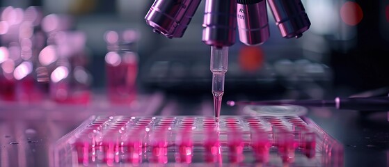 Scientific samples in microplate being prepared for research in laboratory