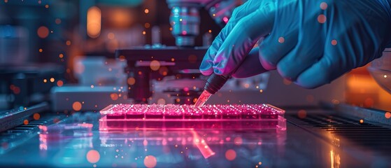 Scientific samples in microplate being prepared for research in laboratory