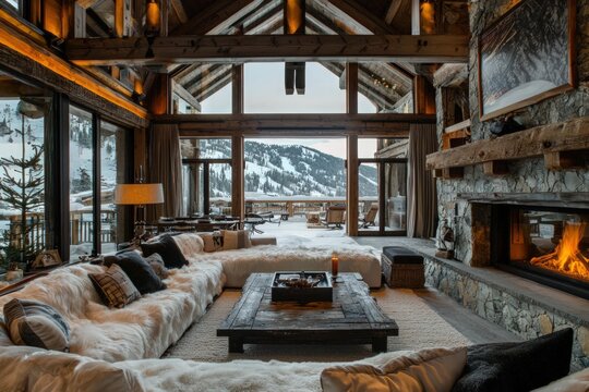 The interior of a luxurious mountain chalet living room, offering comfort amidst the rugged landscape.