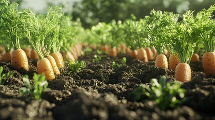 Close-up of fresh, orange carrots growing in a field of rich, dark soil with lush green foliage.