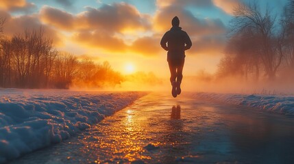 A young athlete training in the early morning, their breath visible in the cold air, symbolizing the dedication and endurance required to achieve personal goals