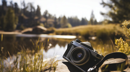 Vintage camera outdoors in nature, retro photography gear in scenic environments