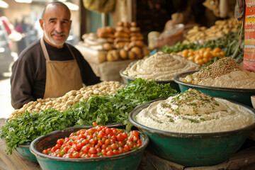 Obraz premium Delicious baba ganoush and fresh ingredients at a bustling market in Fez, Morocco showcasing local culinary delights