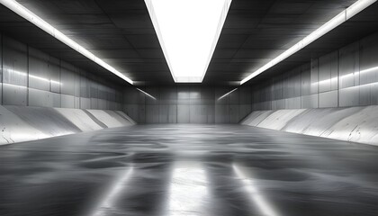 Modern architectural space with elegant reflections and abstract grunge textures in a dark underground concrete room