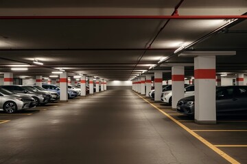 Modern Underground City Car Park with Neon Lighting &ndash; Large Industrial Interior with Concrete Floors, Rows of Vehicles