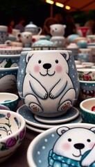 Fototapeta premium italienische Töpferware mit einem Eisbär Motiv auf einem Markt in Italien