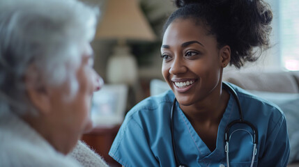 A home health care worker assists an elderly woman in her home