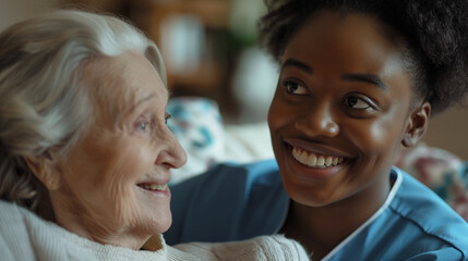 A home health care worker assists an elderly woman in her home