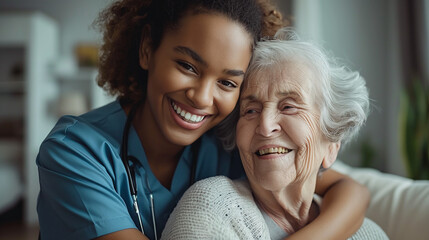 A home health care worker assists an elderly woman in her home