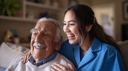 A home health care worker assists an elderly woman in her home