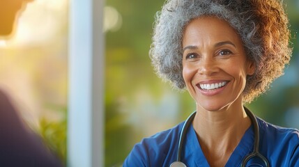 Building Community Bonds: Nurse Chatting with Neighbor on Front Porch | Warm Neighborhood Interaction with Copy Space