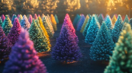 Fototapeta premium Heatmap of a Christmas tree lot, with vibrant colors showing the most popular trees and cooler tones in the less frequented sections. 4K hyperrealistic photo.