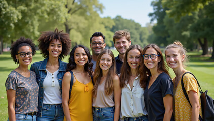 Diverse group of friends smiling and standing together in a park on a sunny day, showing unity and happiness