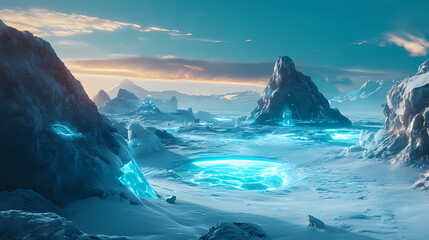 Ultra-realistic ai-powered landscape of a futuristic tundra with glowing ice formations and advanced research stations. Tundra. Illustration
