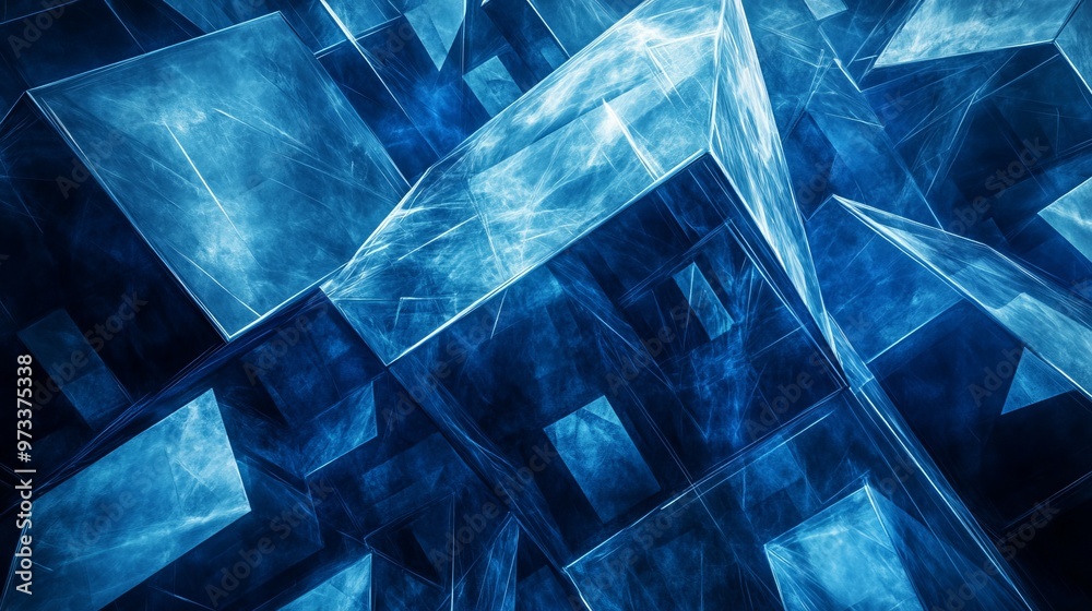 Wall mural the image captures an array of dynamic blue geometric shapes overlaid on a dark, mysterious backdrop