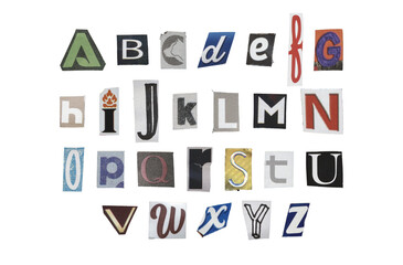 Set of cut-out English alphabet from magazines on a transparent background, retro y2k style