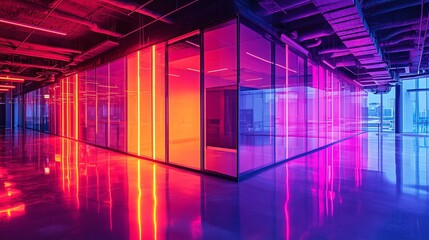 Fototapeta premium A cutting-edge design of an office space enclosed in glass with vibrant neon lights reflecting on glossy floors