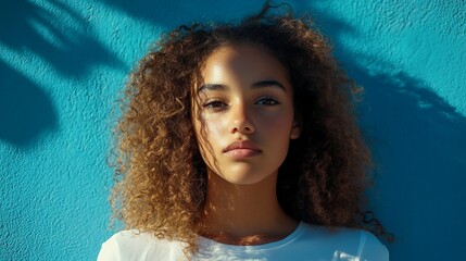 Portrait of a biracial girl with curly hair standing against blue wall.Concept of gen