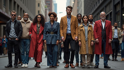 Fototapeta premium Diverse group of professionals walking confidently in a city street, representing teamwork and unity