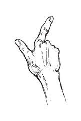 Hand drawn gestures. Pointer finger, strong fist and punch. Handshake, thumb up like and triumph victory gesture sketch vector illustration set. Engraved hand signals and signs for communication 