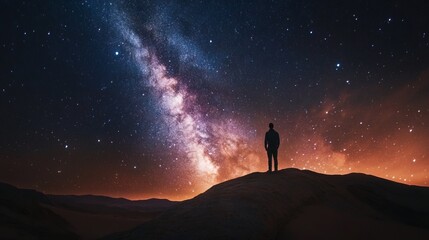 Fototapeta premium astronomy time long exposure landscape photography. A man standing in a high place looking up in wonder to the Milky Way galaxy