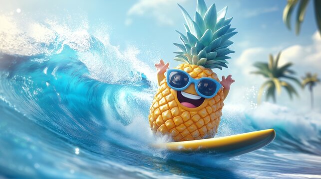 A cheerful pineapple wearing sunglasses is surfing on a wave, having a fun time at the beach.