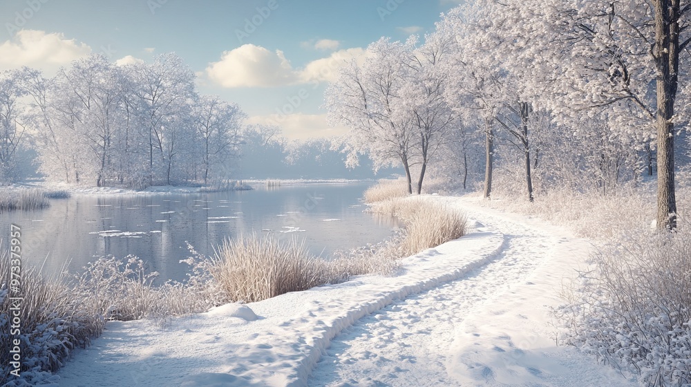 Wall mural snow-covered trail leading to a quiet pond, with frosty trees and a serene winter landscape. 4k hype