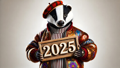 A photorealistic image of a badger wearing an extra fancy, stylish tracksuit, holding a wooden sign 2025. The badger is looking directly at the camera. Happy new year – Resolutions – Sport - Health.
