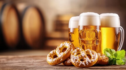 A close up of a table with beer and pretzels, AI