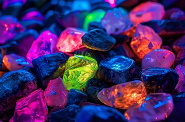 Colorful neon glowing rocks shining in the dark