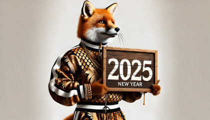A photorealistic image of a fox wearing a fancy, stylish tracksuit, holding up a wooden sign 2025. The fox is standing confidently. Happy new year – Resolutions – Sport - Health.
