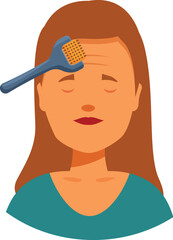 Woman is using a derma roller on her forehead to improve her skin