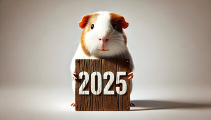 A photorealistic image of a  cute litlle guinea pig of hamster holding a wooden sign 2025. The guinea pig is standing confidently, looking directly at the camera. Happy new year – Resolutions